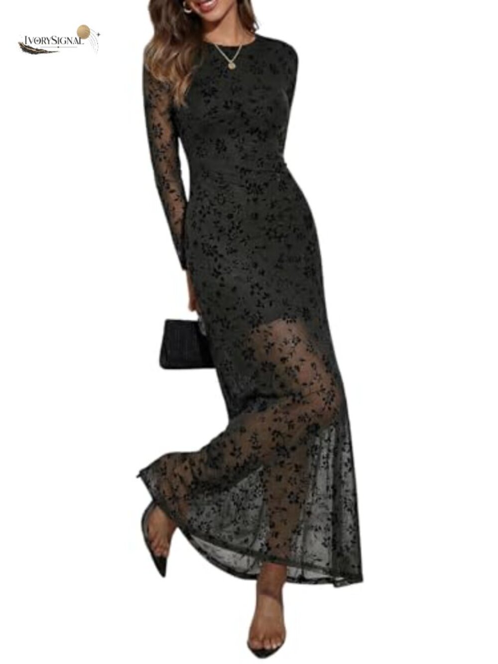Long Sleeve Formal Maxi Wedding Guest Dress A-Line Crew Neck
